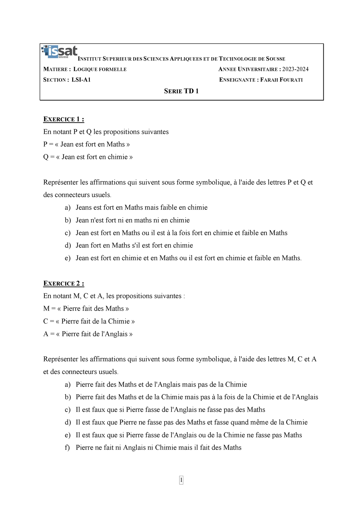 TD 1 - TD Sur Les Logique Formelle - 1 I NSTITUT S UPERIEUR DES S ...