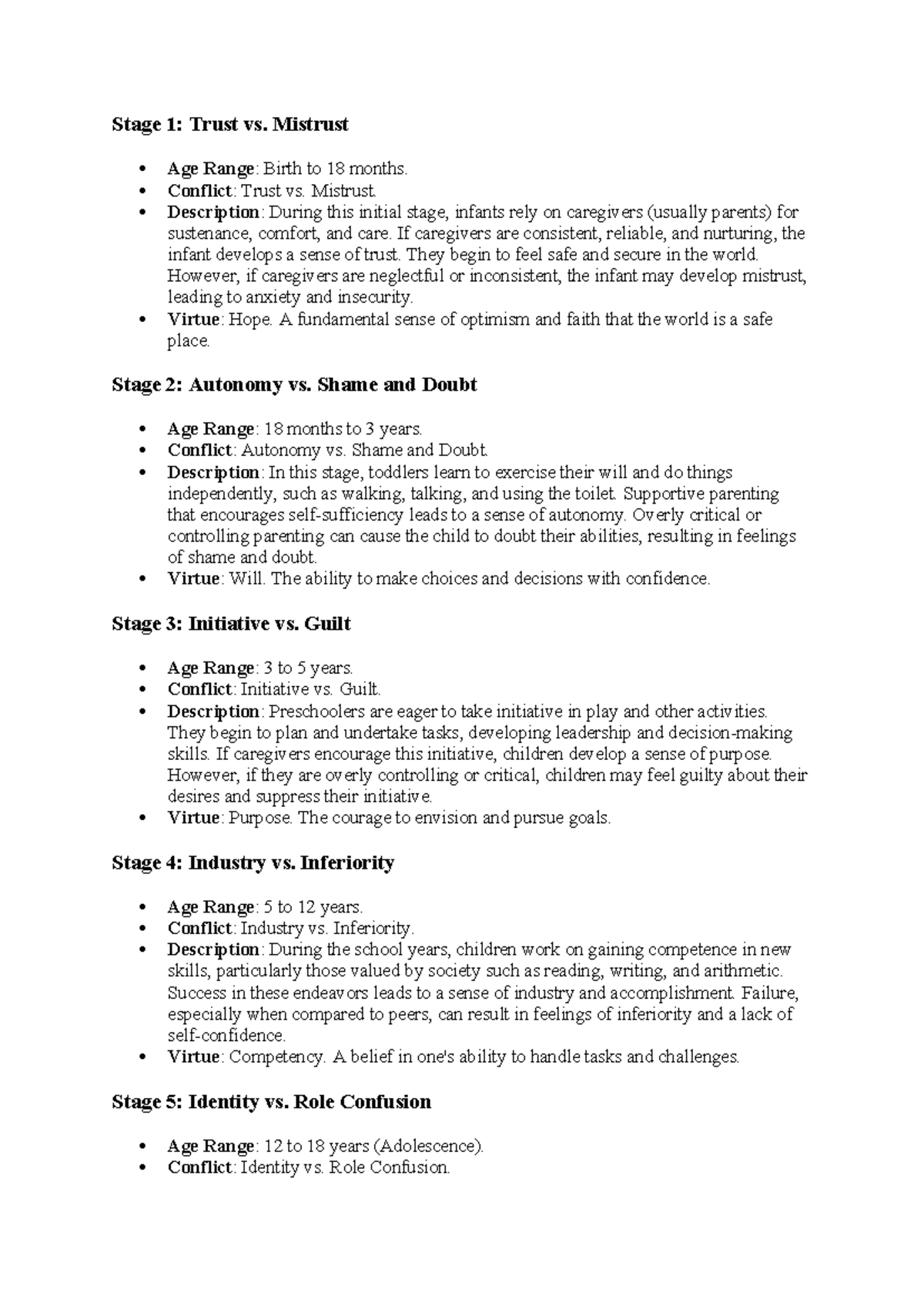 Psychology summary - Stage 1: Trust vs. Mistrust Age Range: Birth to 18 ...
