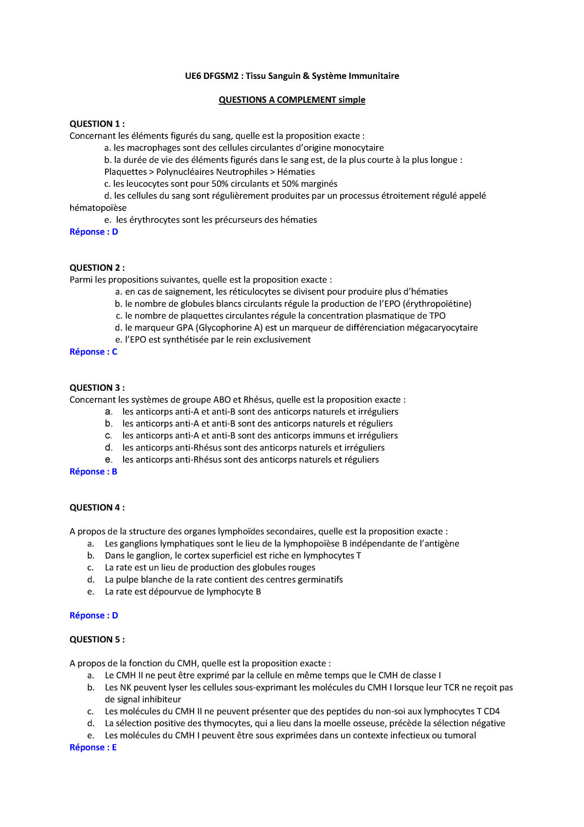 Examen Mai 2017, Réponses - UE6 DFGSM2 : Tissu Sanguin & Système ...