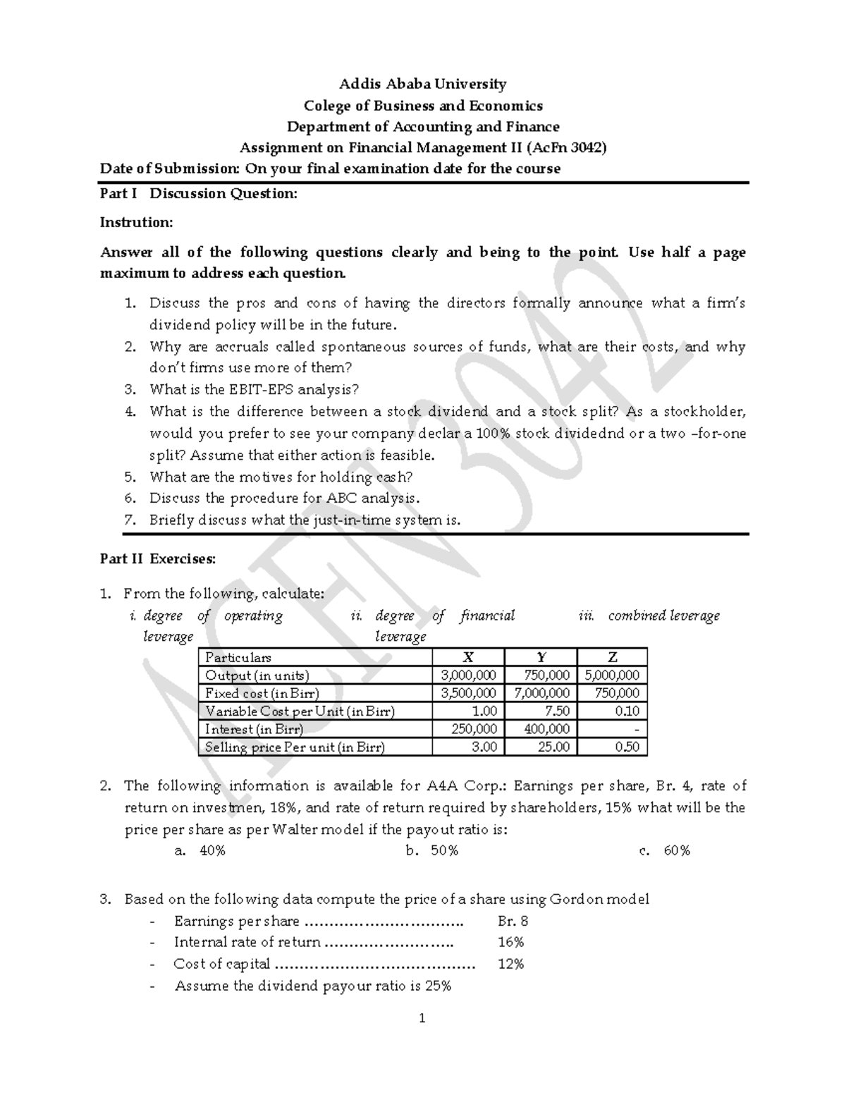 Assignment Questions - 1 Addis Ababa University Colege Of Business And ...