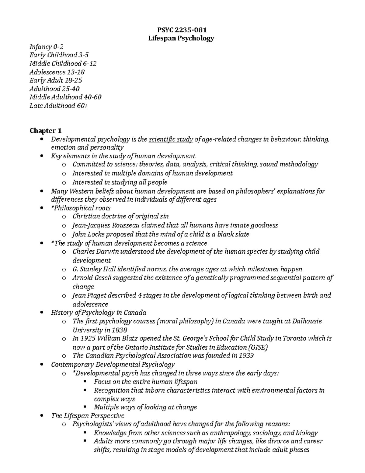 Lecture notes, all lectures - PSYC 2235-081 Lifespan Psychology Infancy ...