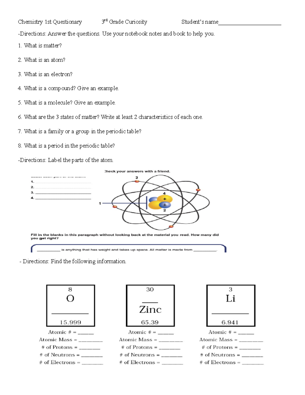 Chemistry 1st Questionary 3rd Grade Curiosity Student - Chemistry 1st ...