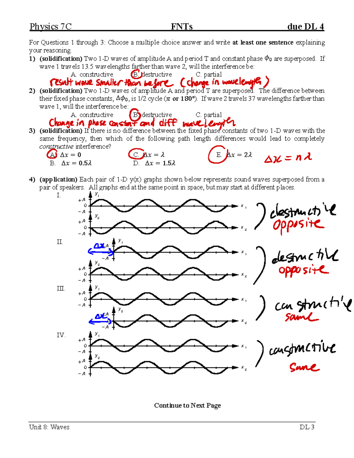7C FNT3 - 1111 - Physics 7C FNTs due DL 4 Unit 8: Waves DL 3 For ...
