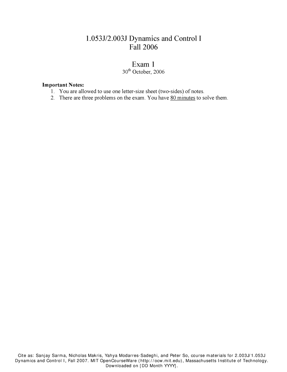 Practice Exam1 F06 - 1.053J/2 Dynamics And Control I Fall 2006 Exam 1 ...