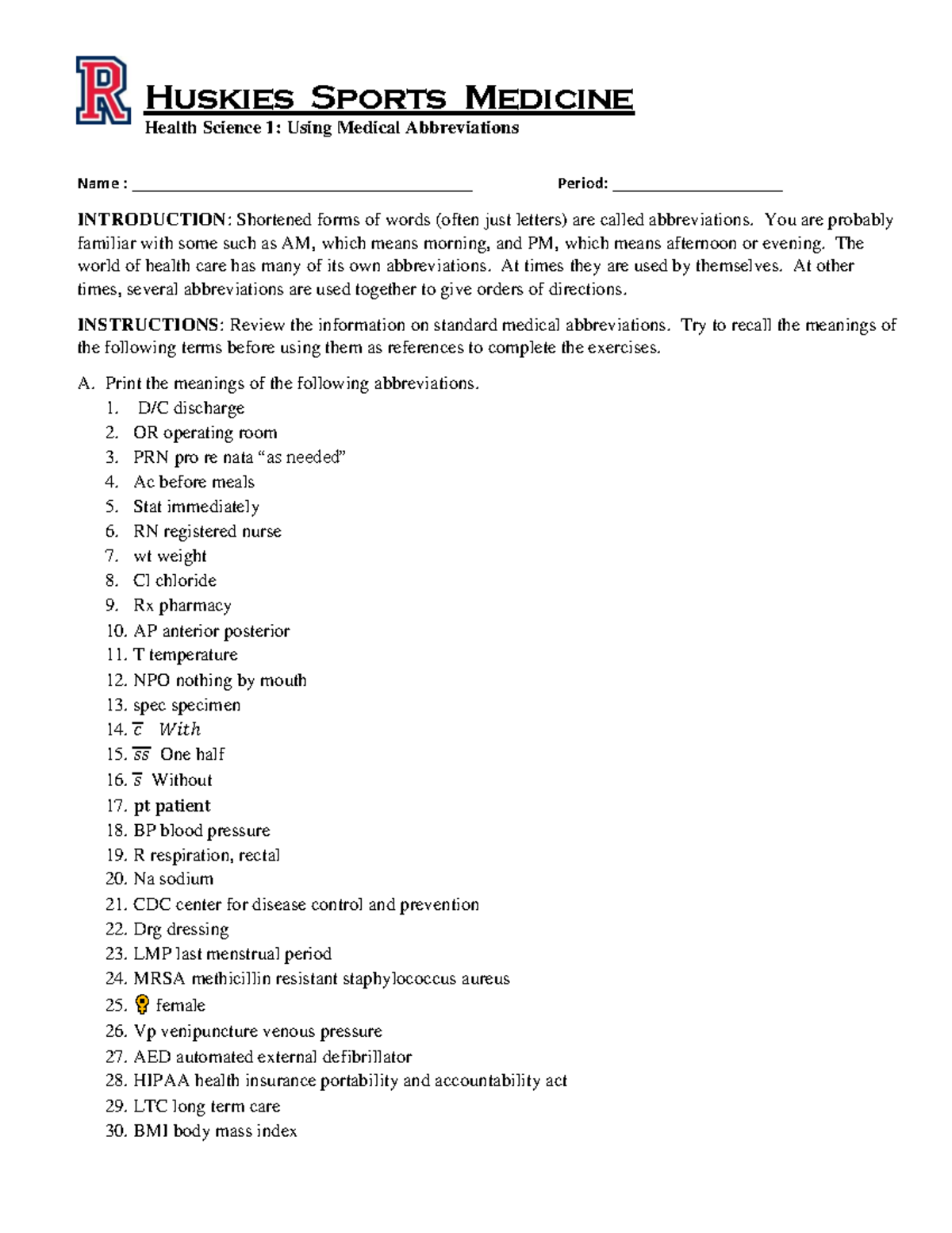 medical abbreviations Huskies Sports Medicine Health Science 1 Using
