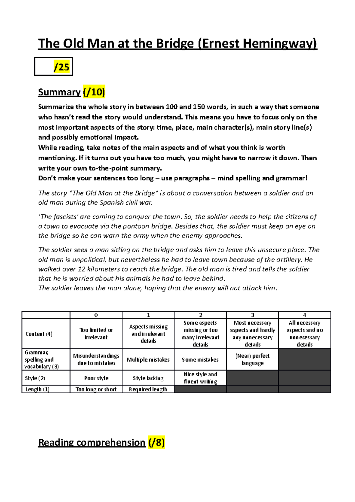 Reading the old man at the bridge students The Old Man at the Bridge