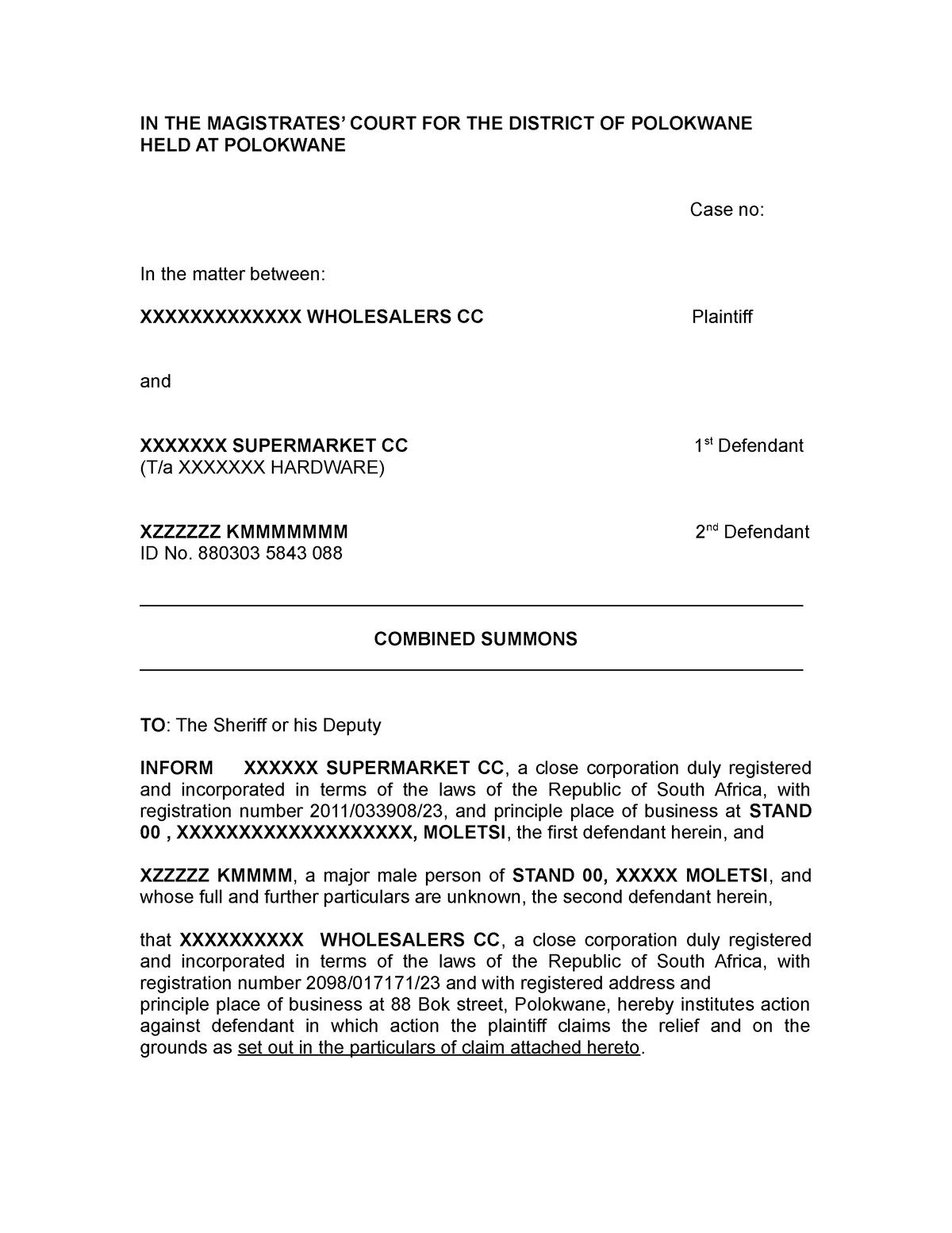 Combined Summons And Particulars Of Claim IN THE MAGISTRATES COURT 