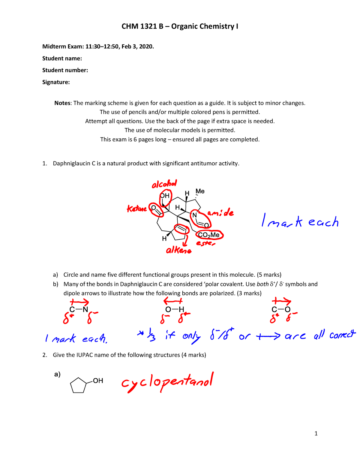 CHM1321 B Midterm exam 1 answer key CHM 1321 B Organic Chemistry I