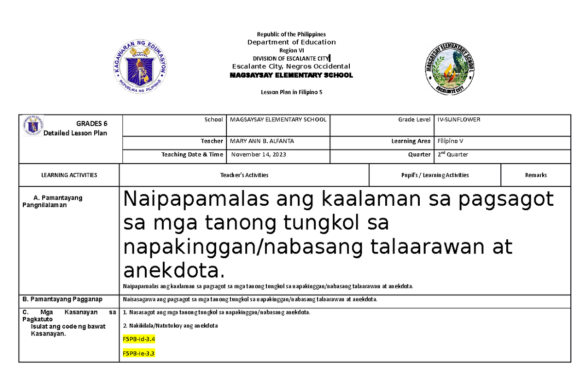 Cot Filipino 2023 2024 Republic Of The Philippines Department Of Education Region Vi Division 2162