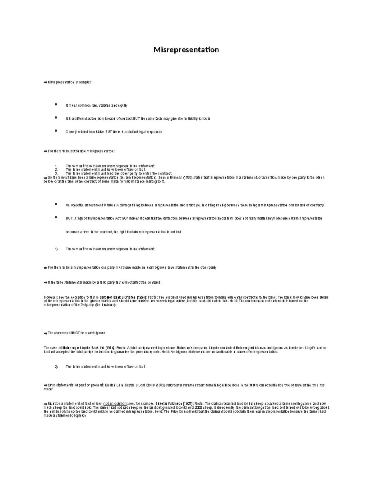 Misrepresentation - Short concise notes on mis-rep - Misrepresentation ...