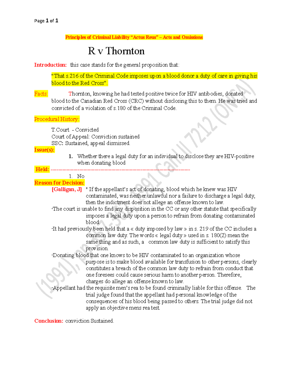 KT R v Thornton CASE BRIEF Page 1 of 1 Principles of Criminal