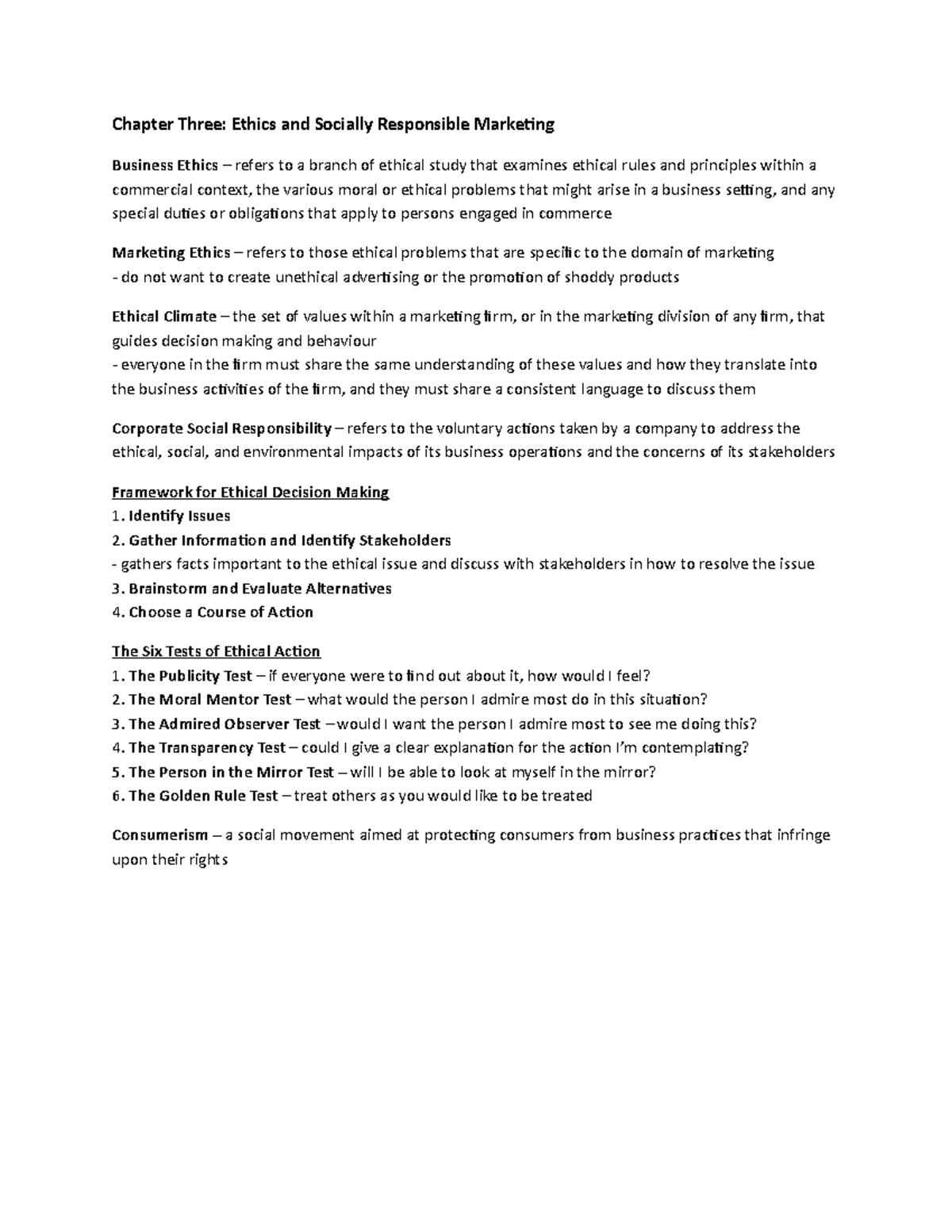 Marketing Chapter 3 Notes Chapter Three Ethics and Socially