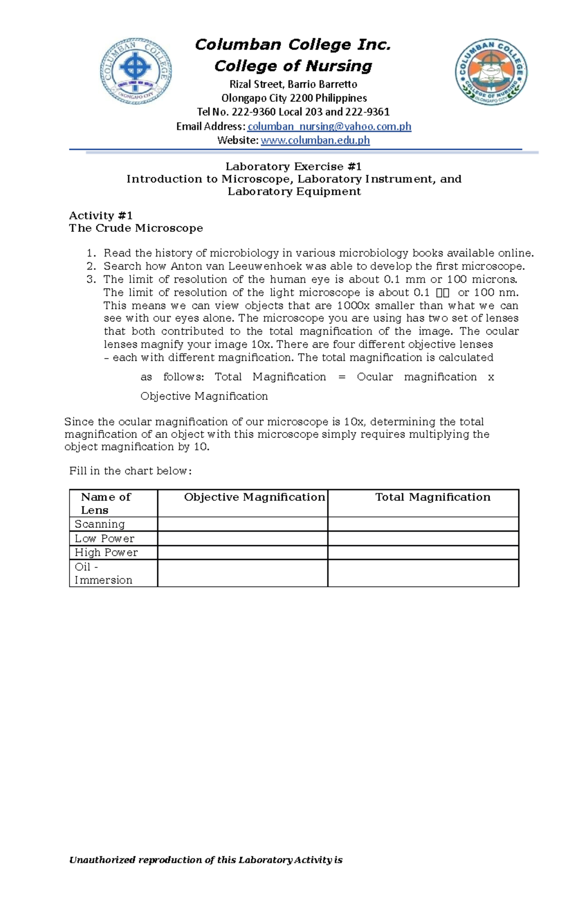 Microbiology and Parasitology Laboratory Activity 1 - Columban College ...
