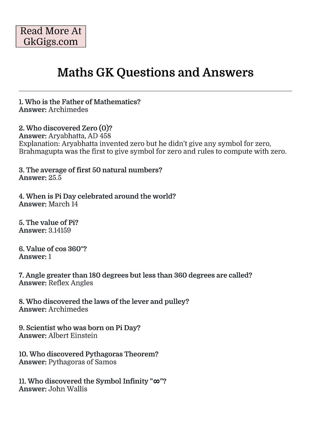 Mathematics Gk Questions And Answers Read More At Gkgigs Maths Gk Questions And Answers Who Is