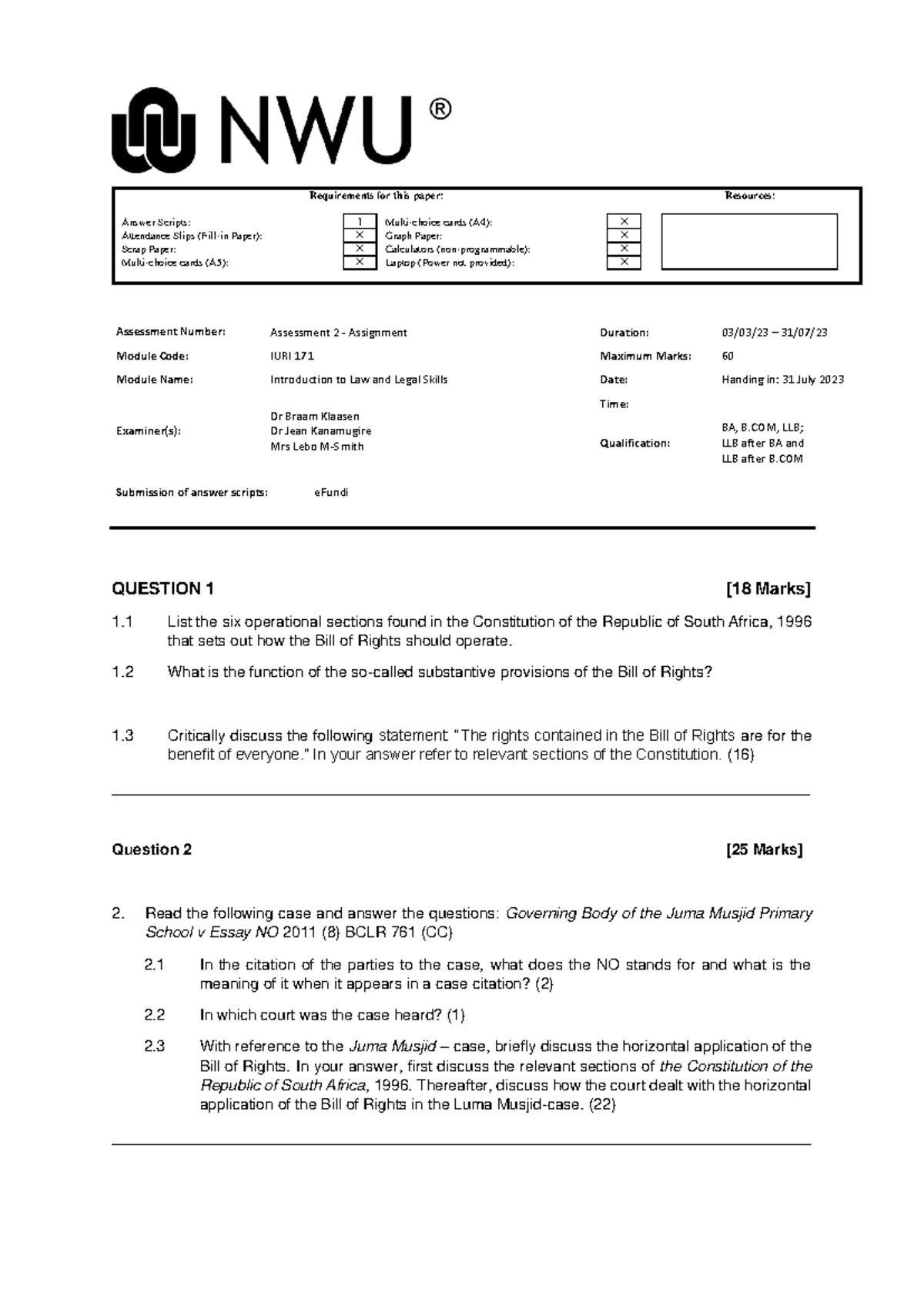 IURI 171 Assignment May 2023 Requirements For This Paper Resources   Thumb 1200 1696 