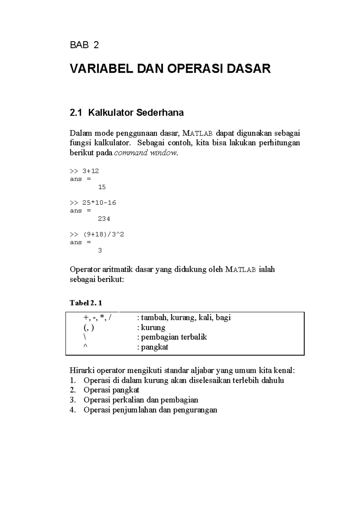 29.-mathlab[1]-8 - BAB 2 VARIABEL DAN OPERASI DASAR 2 Kalkulator ...