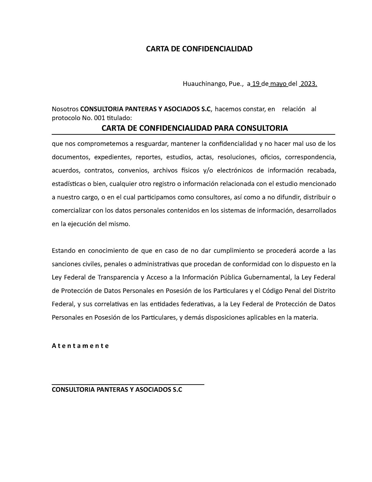 Carta- Confidencialidad - CARTA DE CONFIDENCIALIDAD Huauchinango, Pue ...