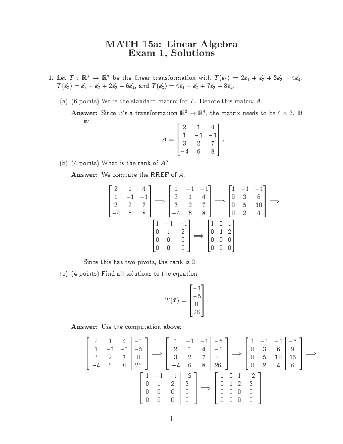 Linear Algebra - Midterm Exam1 Solutions - MATH 15a: Linear Algebra ...