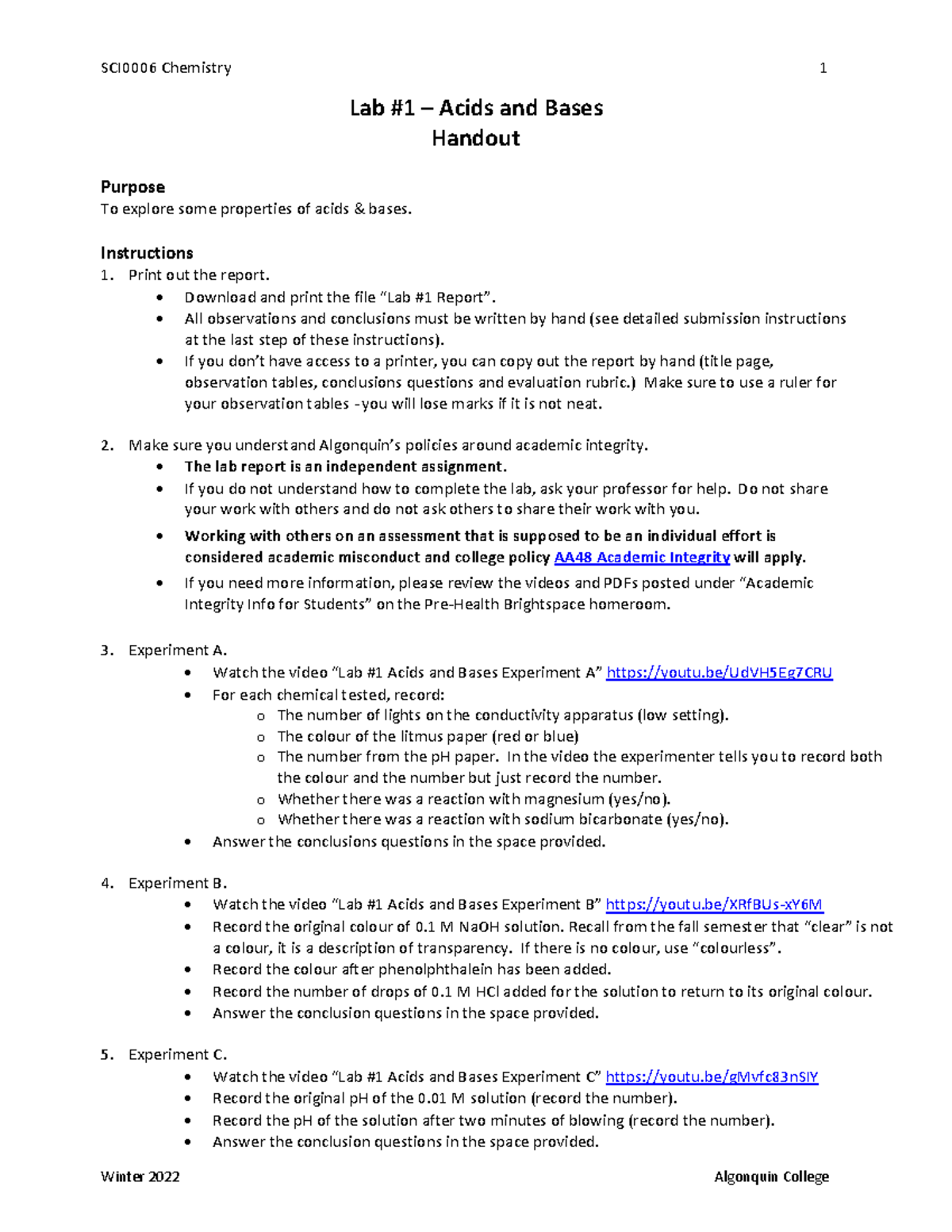 W22 Lab 1 Acids and Bases Handout SCI0006 Chemistry 1 Winter 2022
