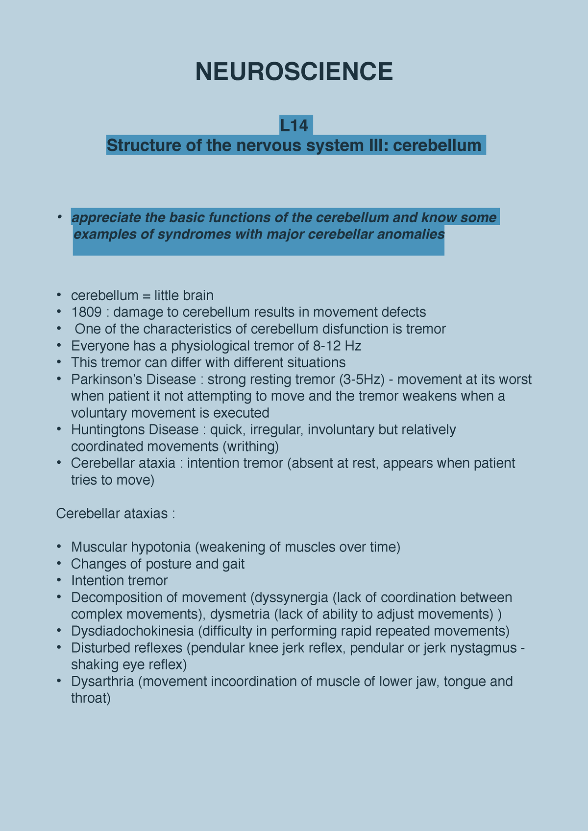 Lecture 14 Neuroscience Summary Sheet Print - NEUROSCIENCE L Structure ...