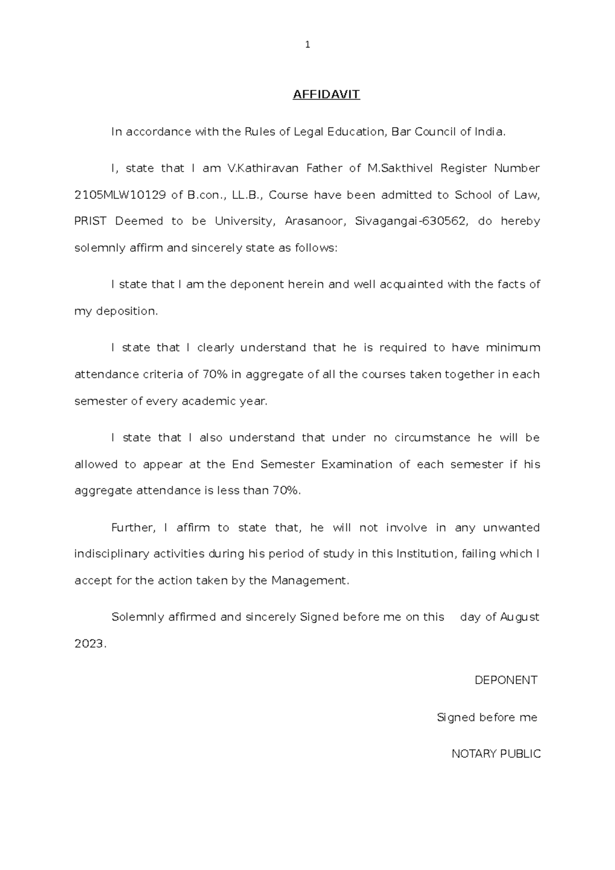 Sakthi Sriparkavin Father affidavit - 1 AFFIDAVIT In accordance with ...