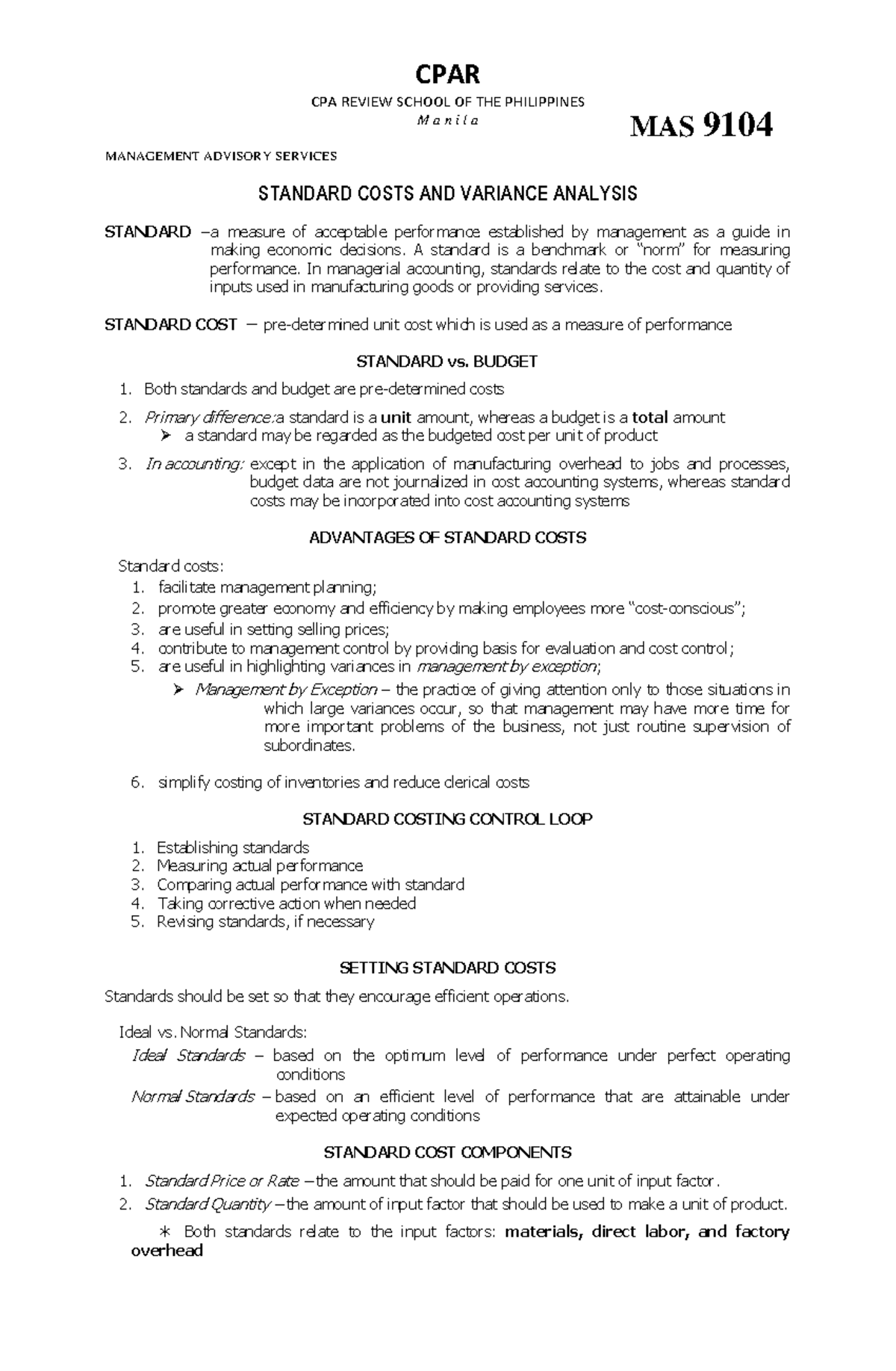 MAS 9104 Standard Costs AND Variance Analysis CPAR CPA REVIEW SCHOOL