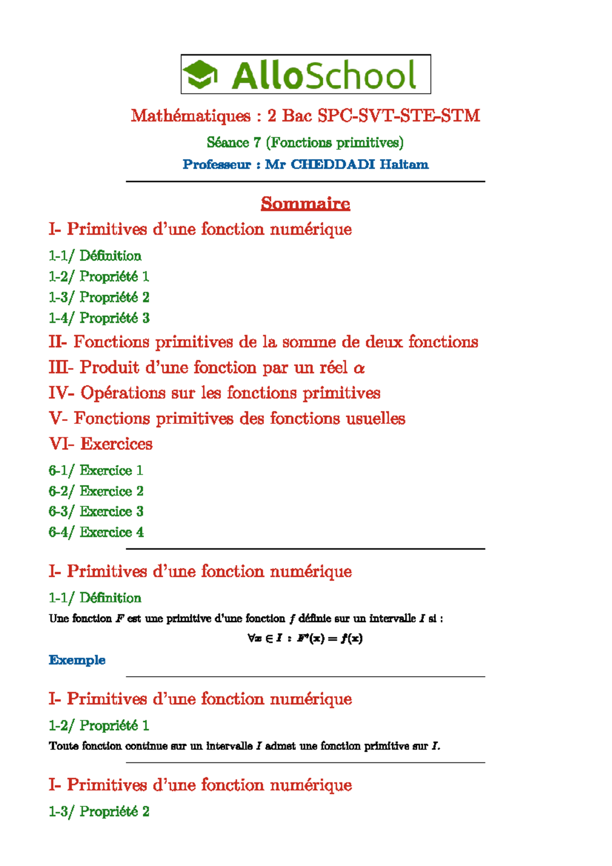 Seance 7 fonctions primitives - Business math - Studocu