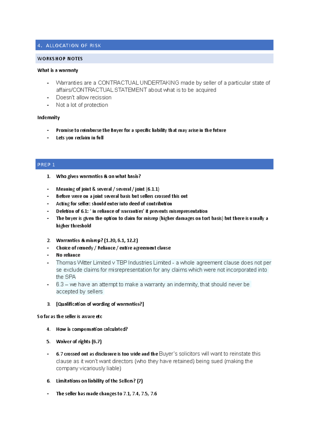 4. Risk allocation 4. ALLOCATION OF RISK NOTES What is a