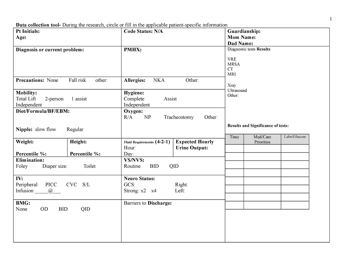 Patient Preparation Worksheet - Data collection tool- During the ...