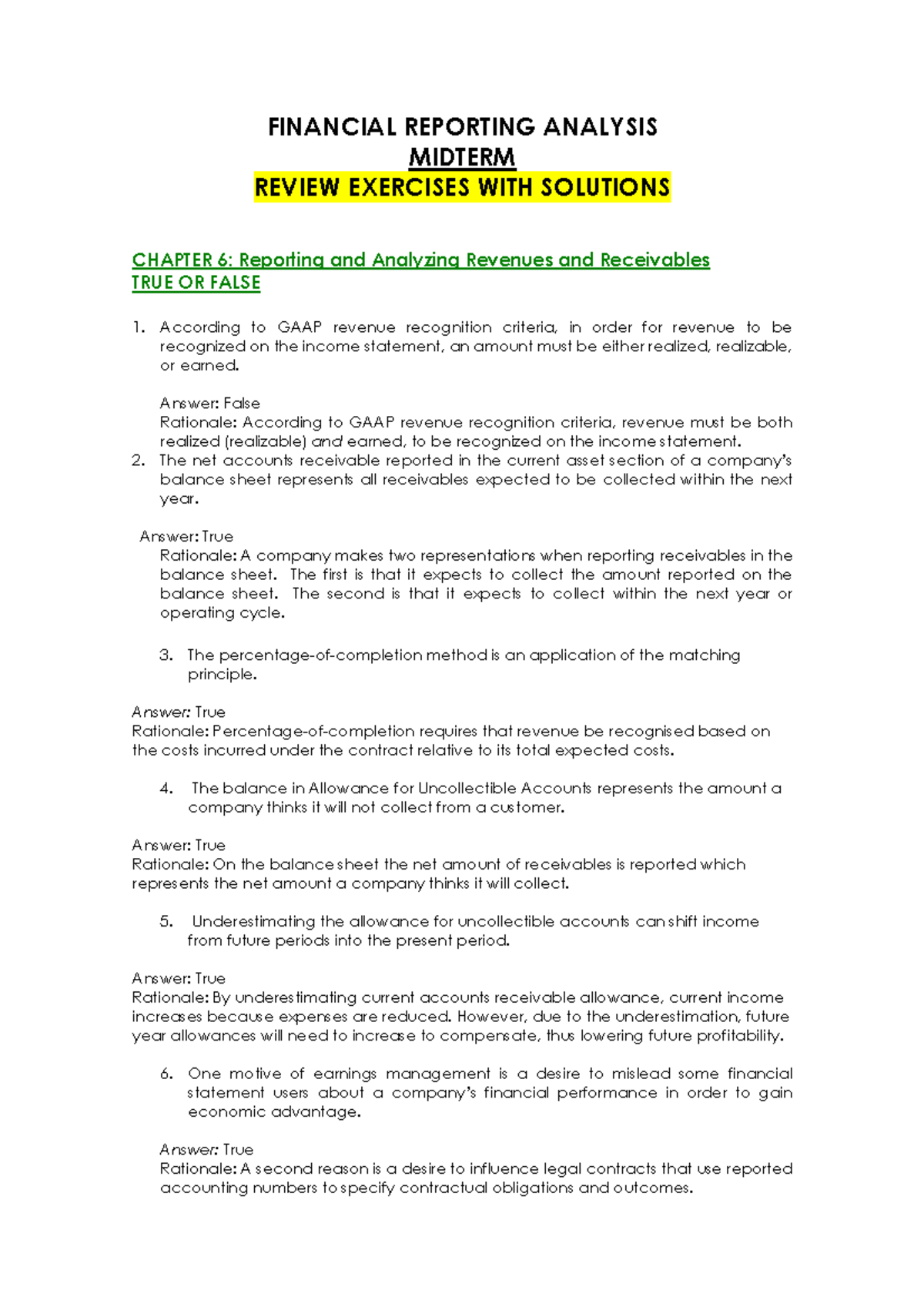 Review Exercises Midterm FRA WITH Solutions - FINANCIAL REPORTING ...