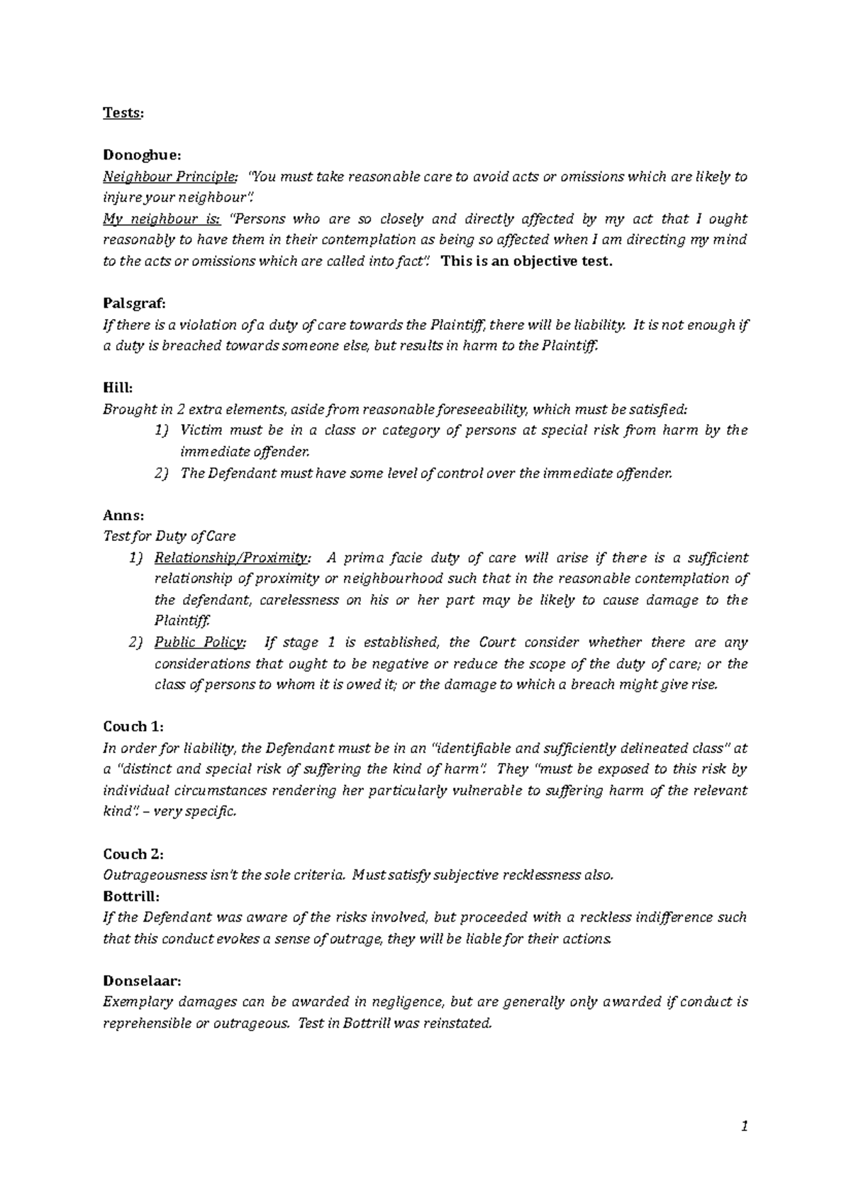 Cheat sheet - Summary The Law of Torts - Tests: Donoghue: Neighbour ...