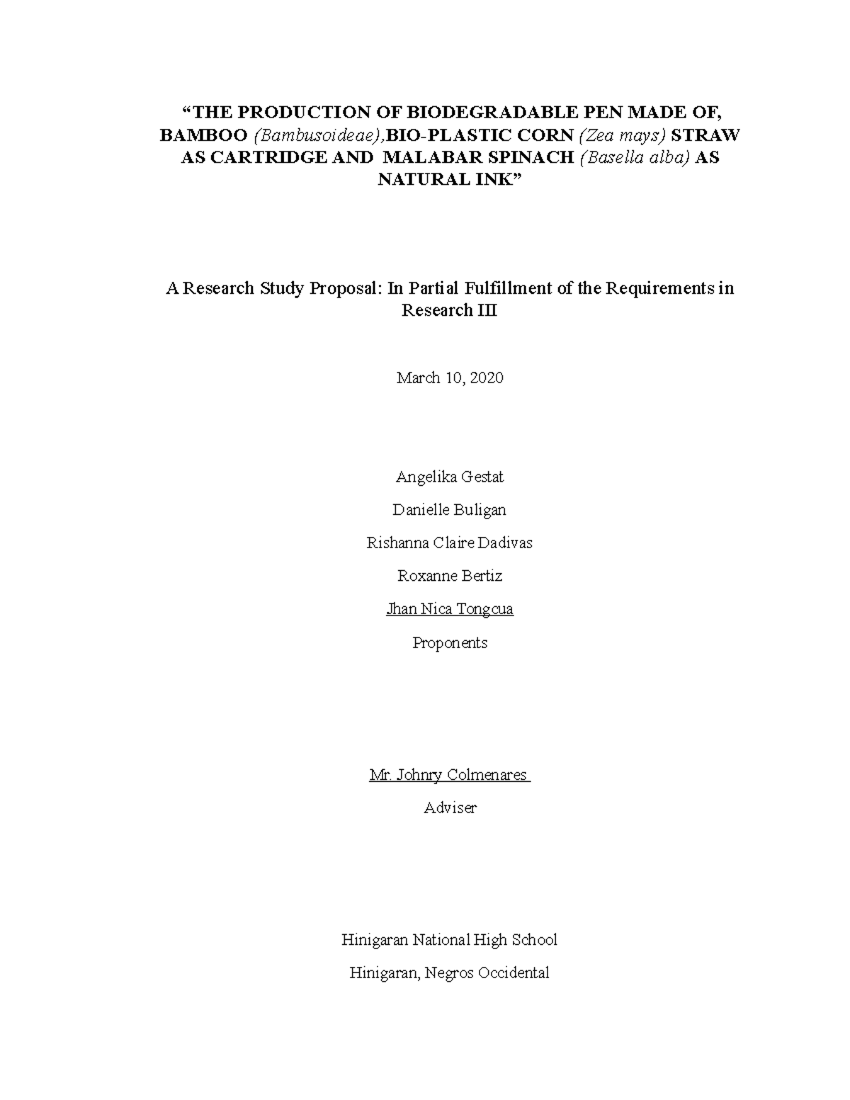 Grade 9 Final Proposal - “THE PRODUCTION OF BIODEGRADABLE PEN MADE OF ...