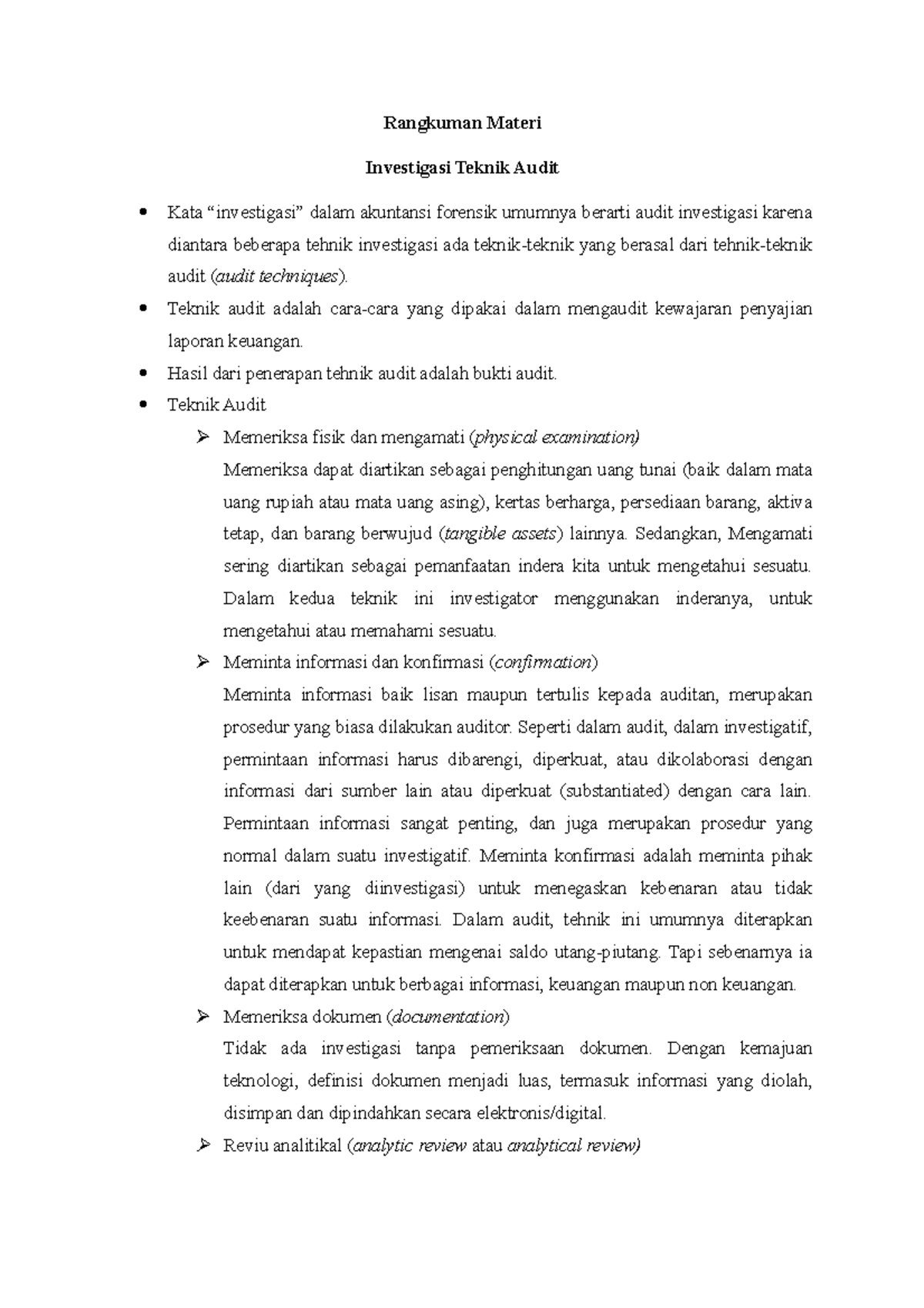 Investigasi dengan Teknik Audit - Rangkuman Materi Investigasi Teknik