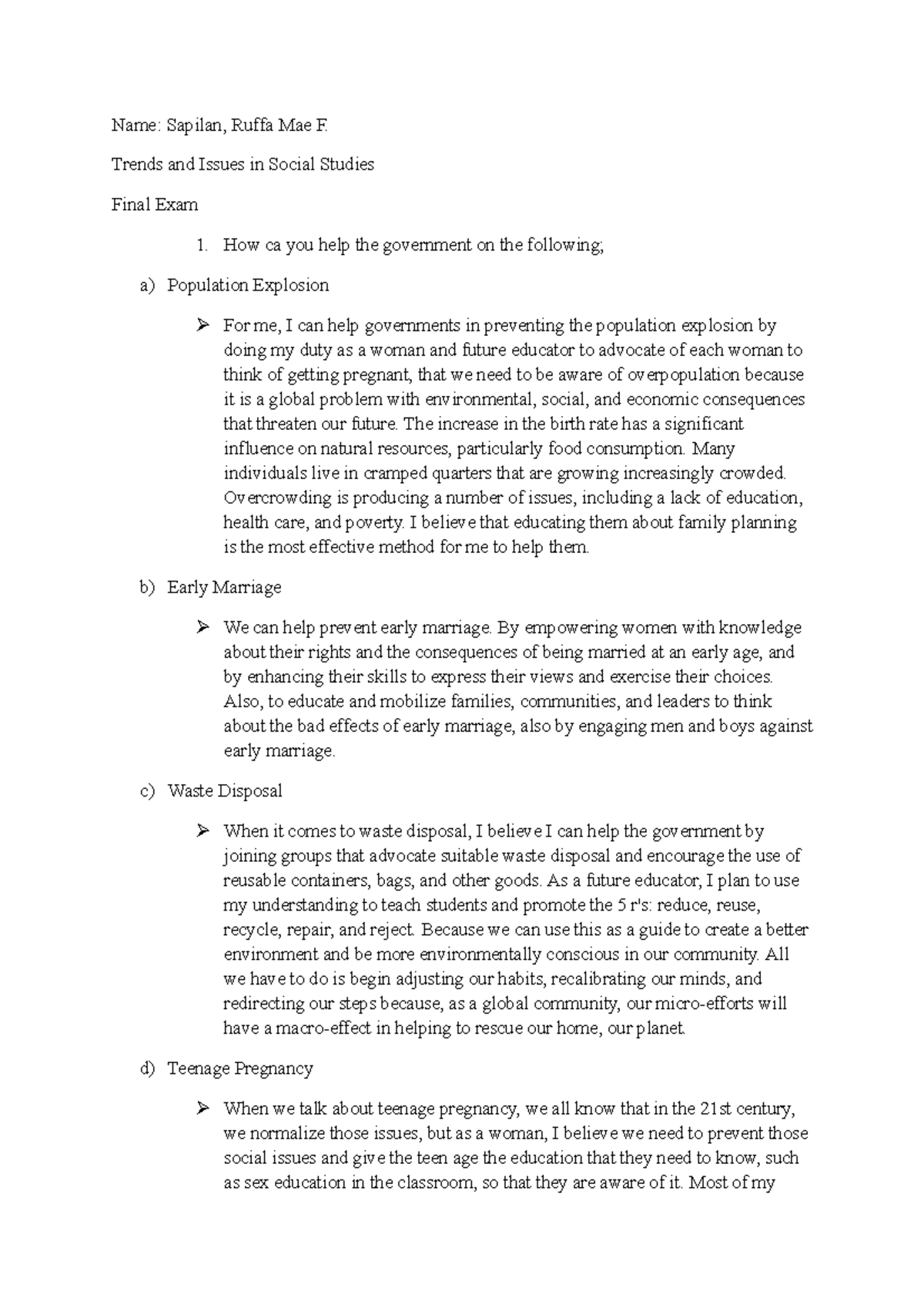 Trends and Issues in Social Studies (final exam) - Name: Sapilan, Ruffa ...