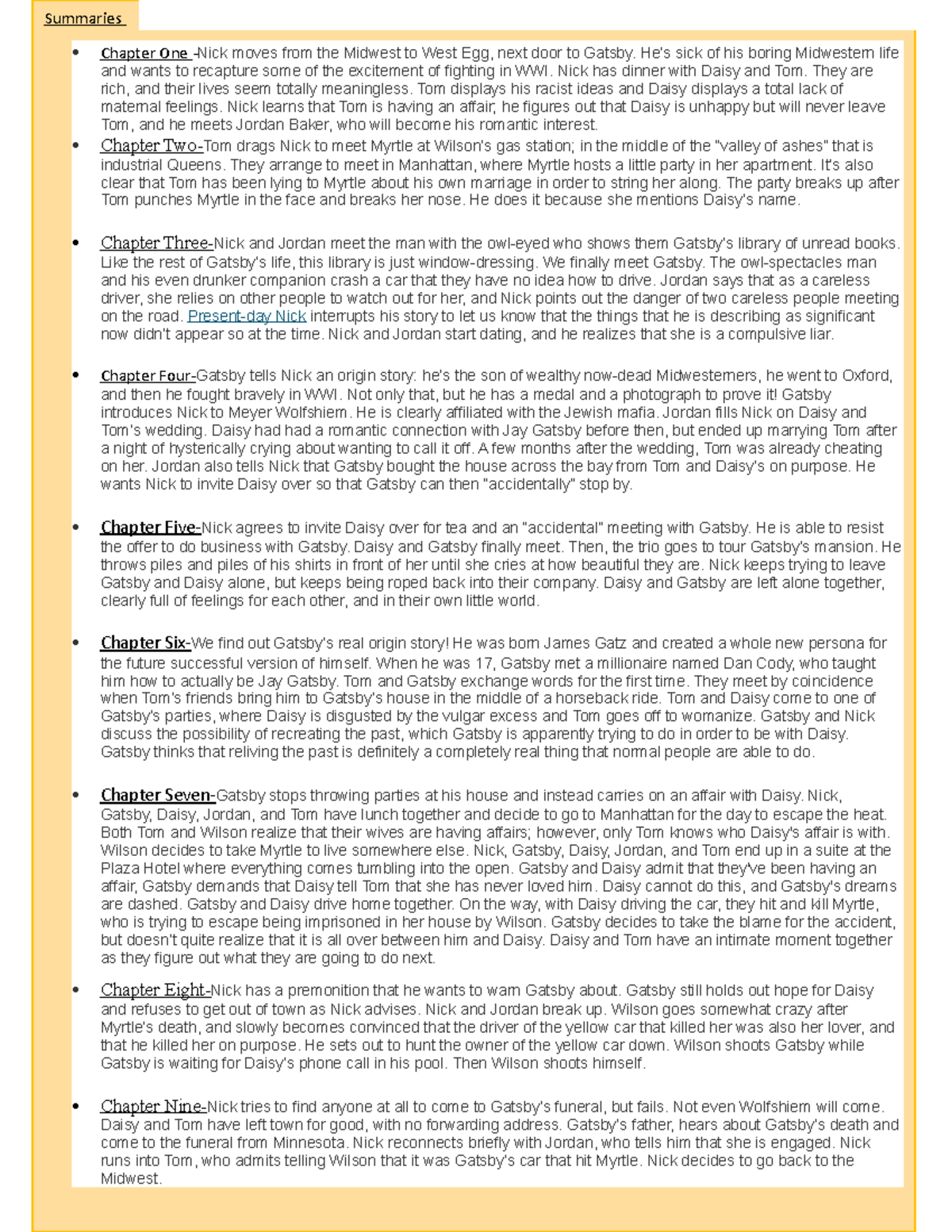 Summary - Summaries Chapter One - Nick moves from the Midwest to West ...