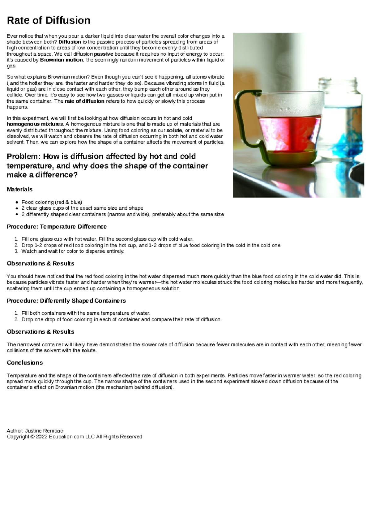 How temperature affects the rate of diffusion [experiment] Rate of