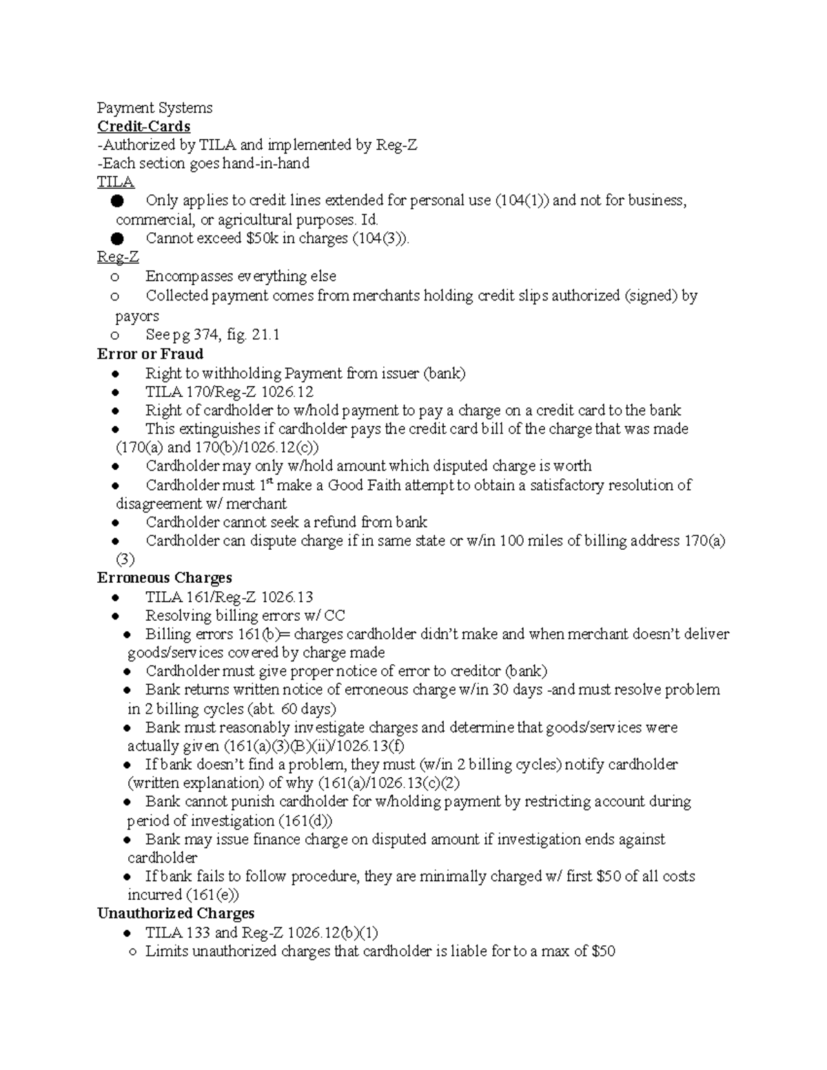 UCC Outline Main Payment Systems CreditCards Authorized by TILA and