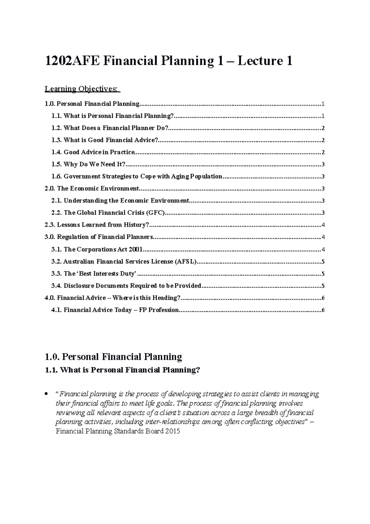 1202AFE Week 1 Lecture Notes 1202AFE Financial Planning 1 Lecture