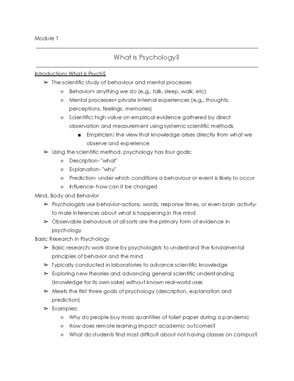 PSY1101 Lecture Notes- Module 1,3-6 - Module 1 What Is Psychology ...