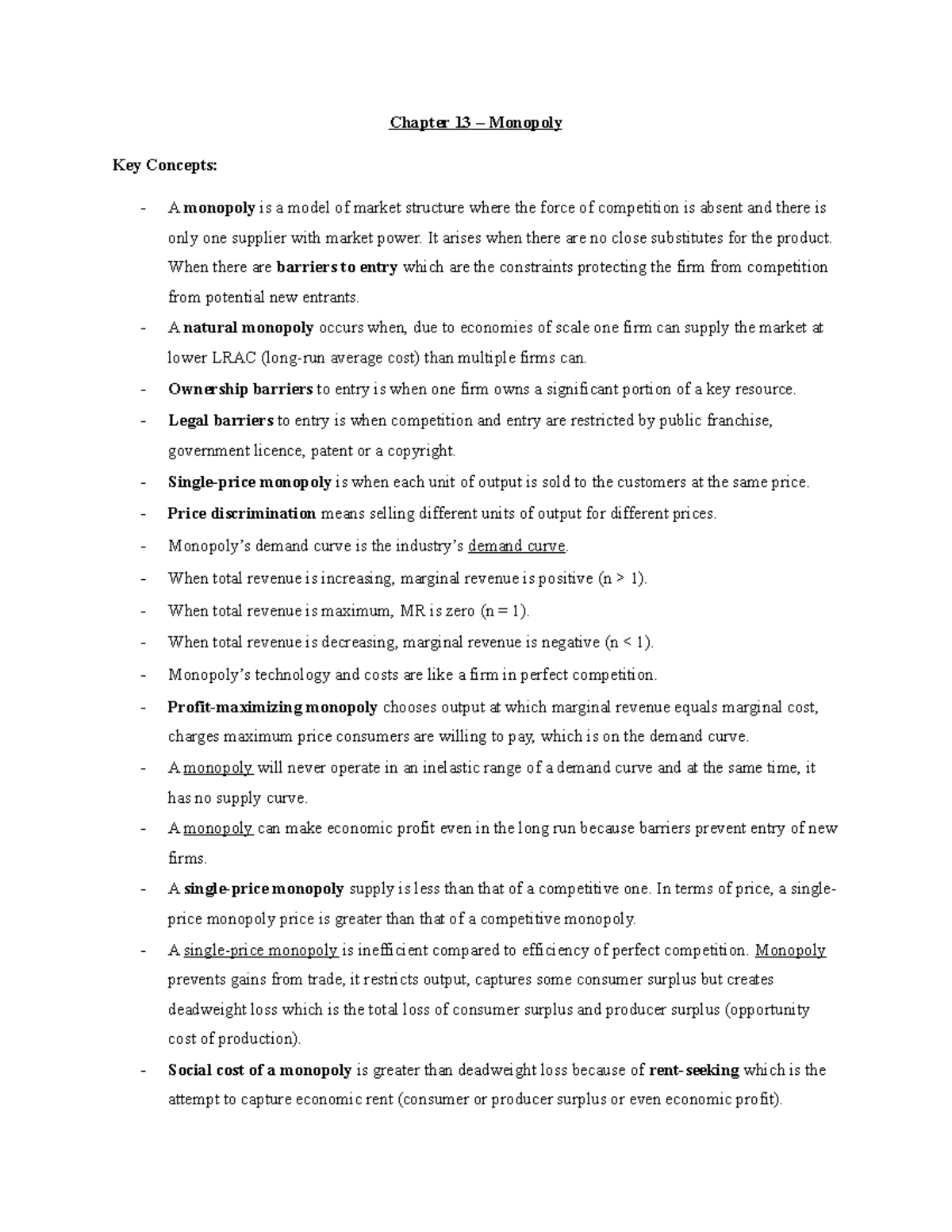 ECON 1000 Notes - Chapter 13 - Chapter 13 – Monopoly Key Concepts: - A ...