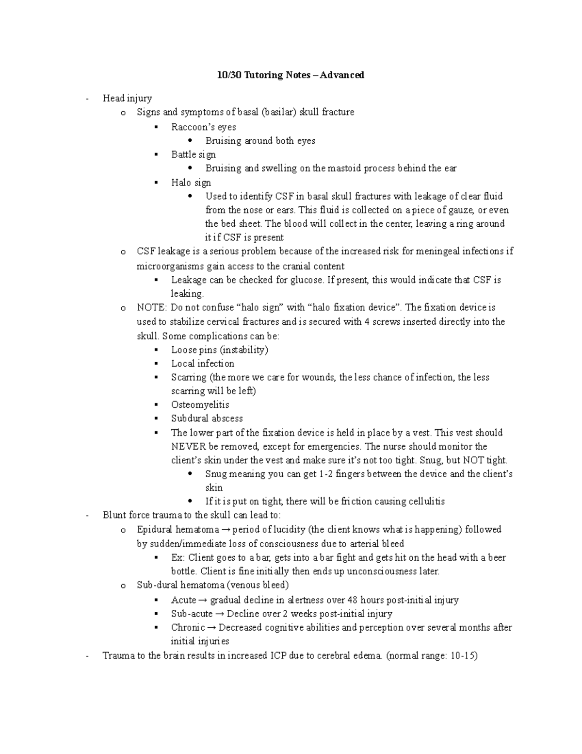 10 30 (Week 9) Review Notes - 10/30 Tutoring Notes – Advanced Head ...
