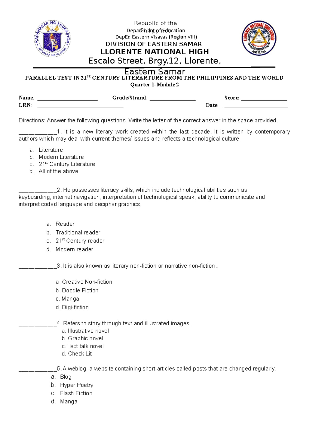 Paralleltest Q 1-Module 2 - PARALLEL TEST IN 21ST CENTURY LITERARTURE ...