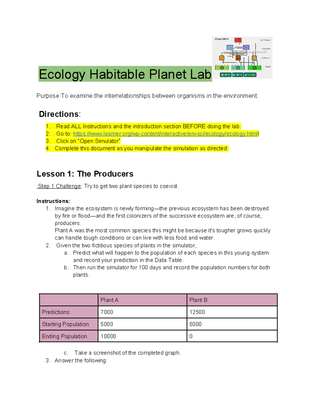 Ecoligy habitable lab need answers Ecology Habitable Lab