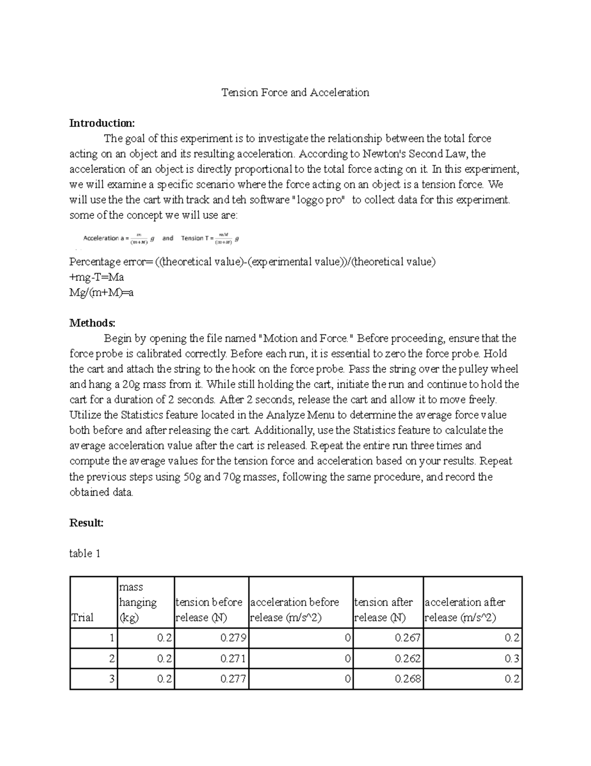 Lab 4 report-Tension Force and Acceleration - Tension Force and ...