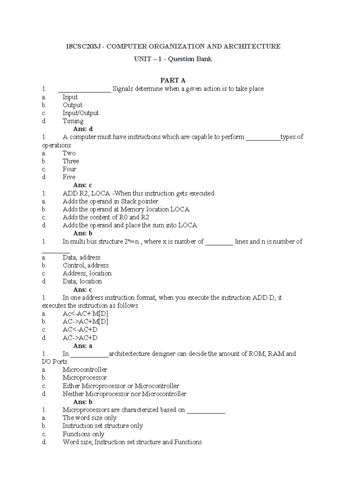 UNIT-1 QB - okay - 18CSC203J - COMPUTER ORGANIZATION AND ARCHITECTURE ...