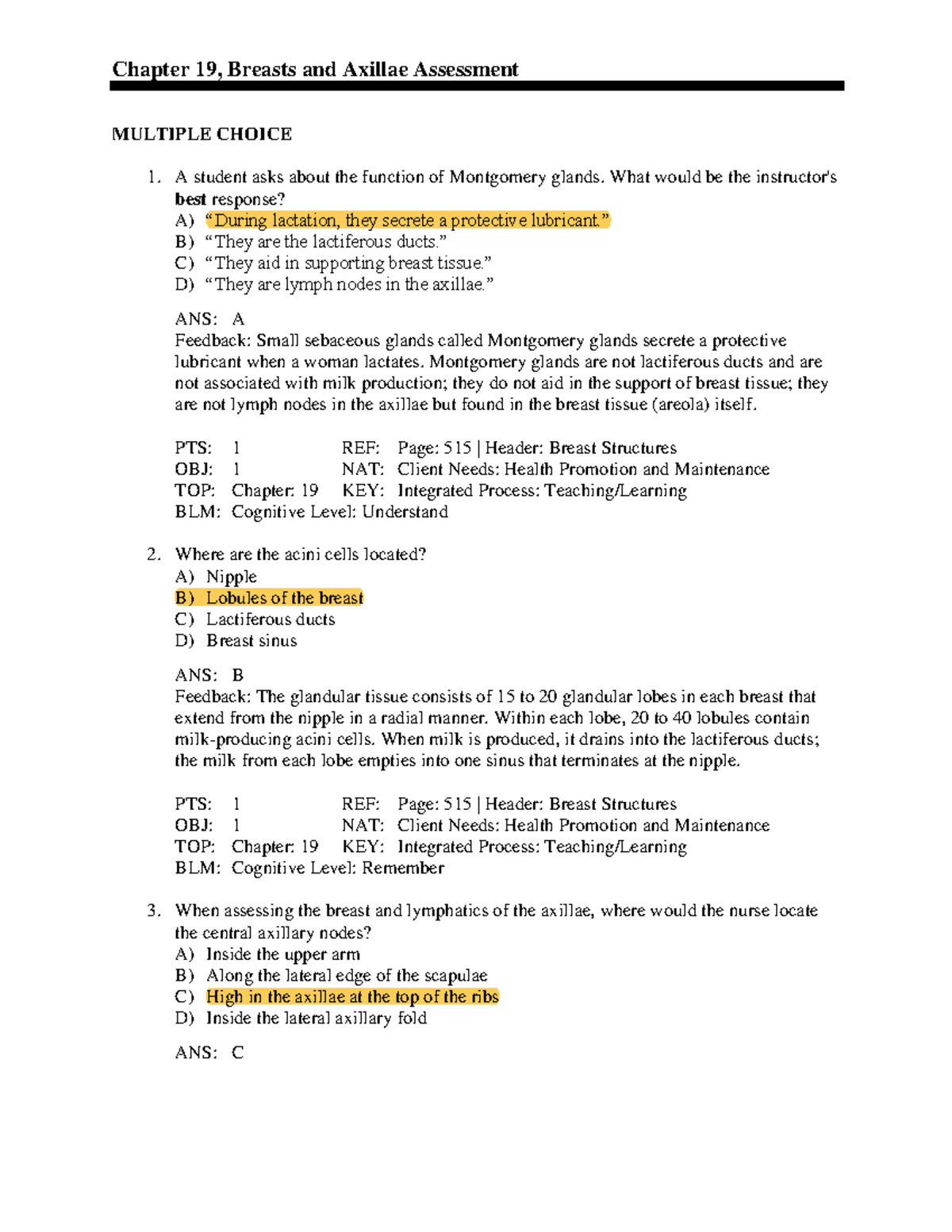 HA 19 Breast Chapter 19 Test Bank - Chapter 19, Breasts And Axillae ...