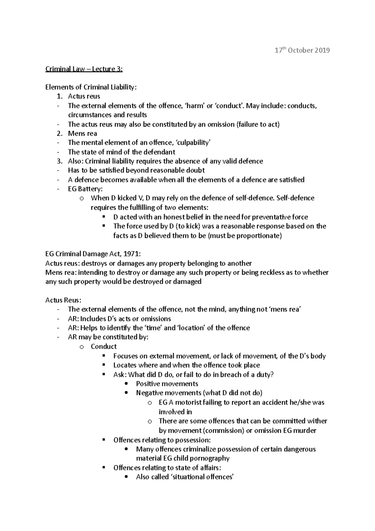 Criminal Law - Lecture 3 - 17 th October 2019 Criminal Law – Lecture 3 ...