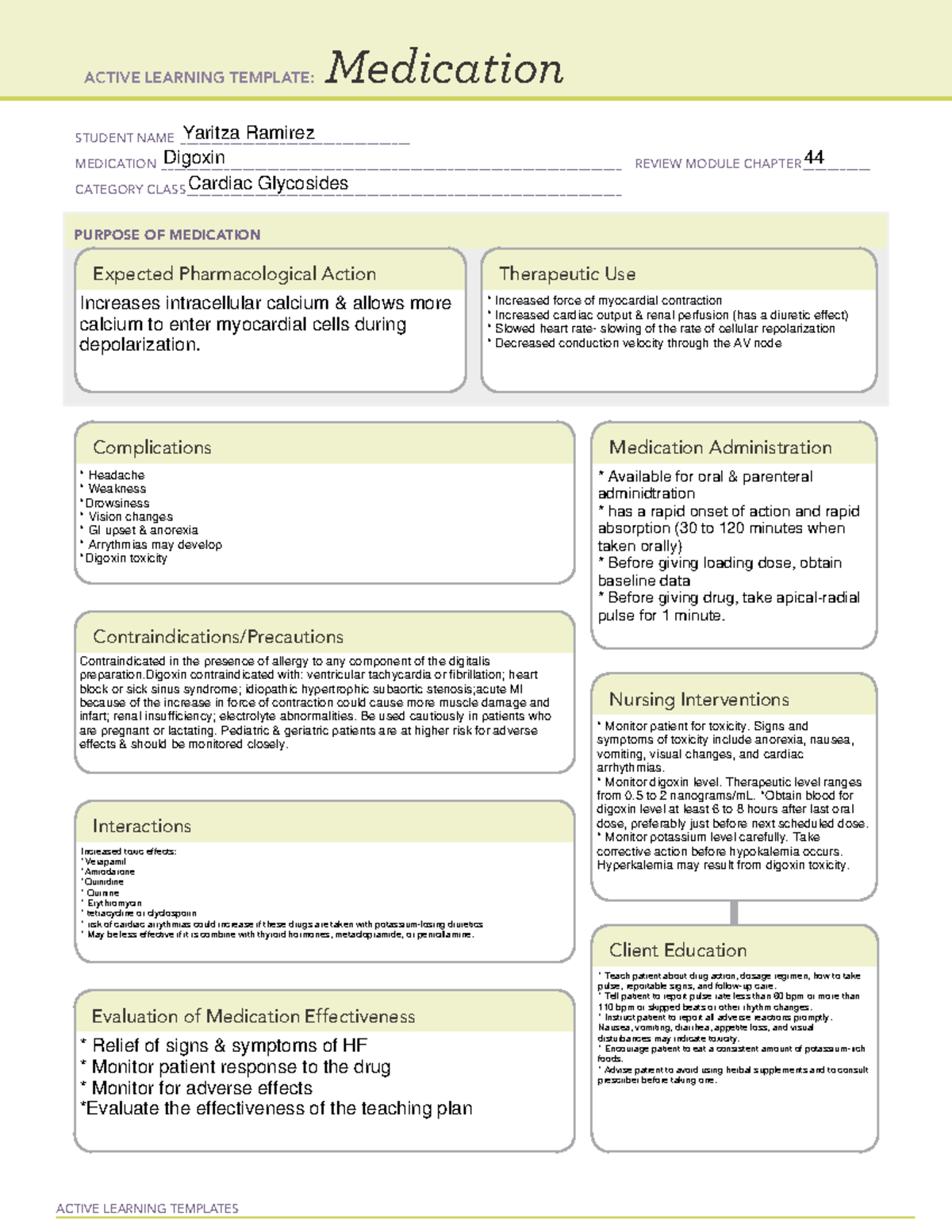 Medication Digoxin 44 - ACTIVE LEARNING TEMPLATES Medication STUDENT ...