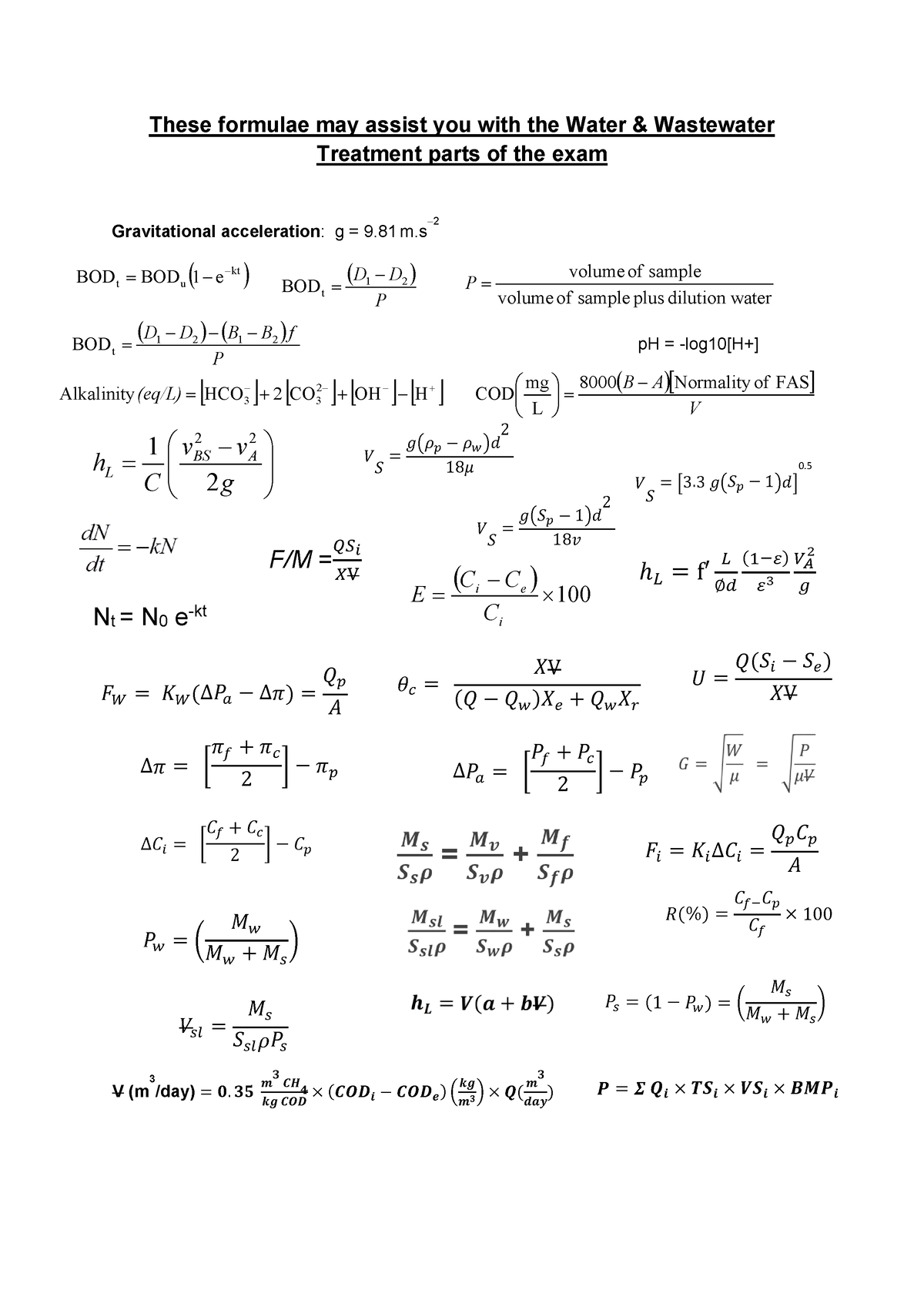 Exam Formula Sheet - Water Wastewater Treatment - These formulae may ...