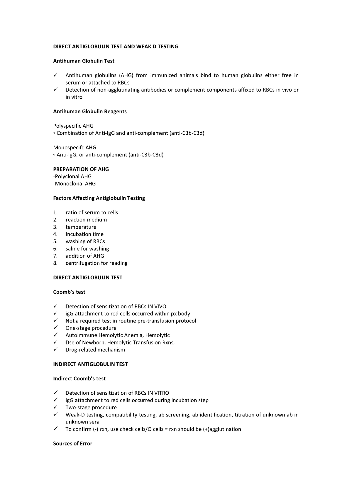 Direct Antiglobulin TEST AND WEAK D Testing NOTES DIRECT ANTIGLOBULIN